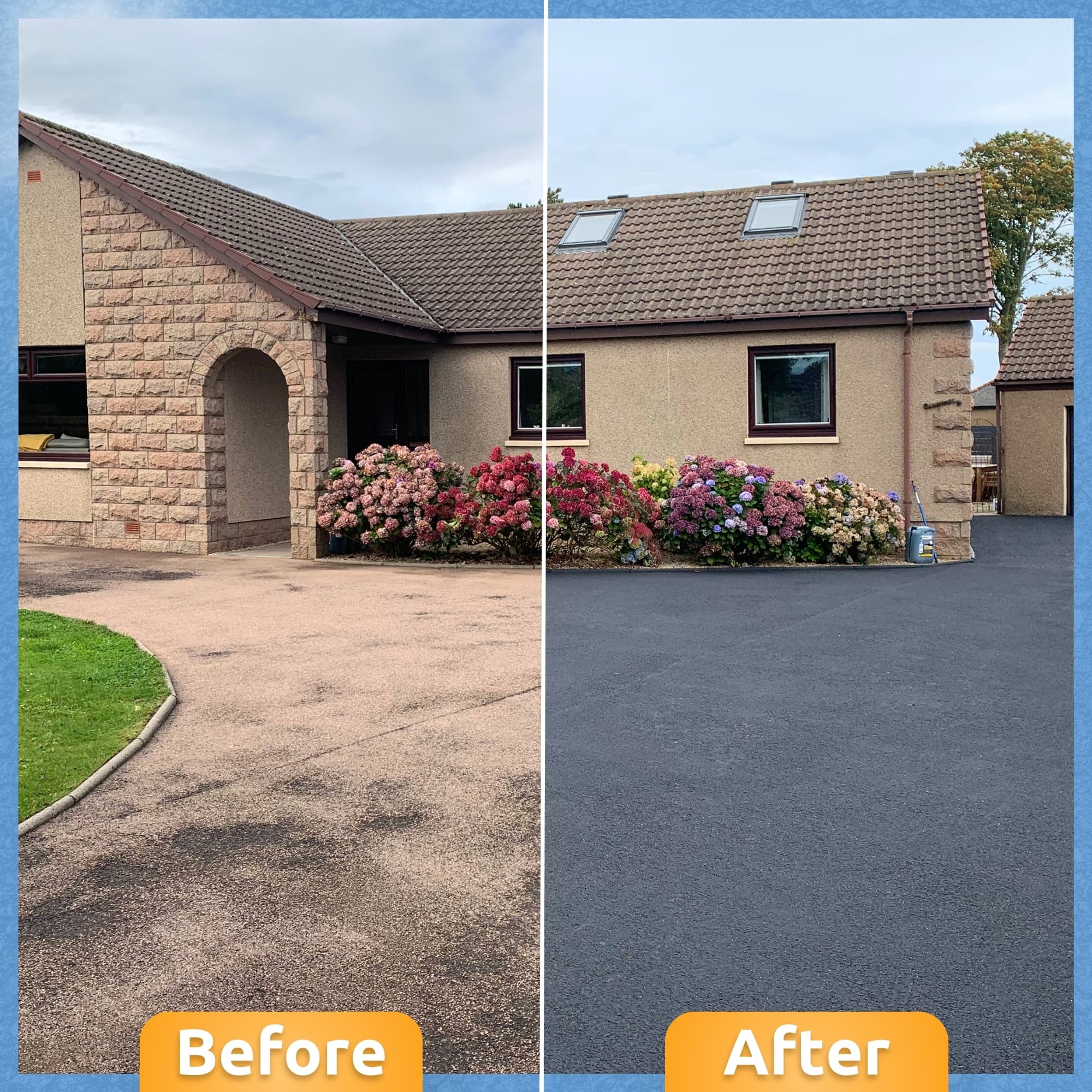 Freshly finished residential driveway with crisp edges and landscaped front garden