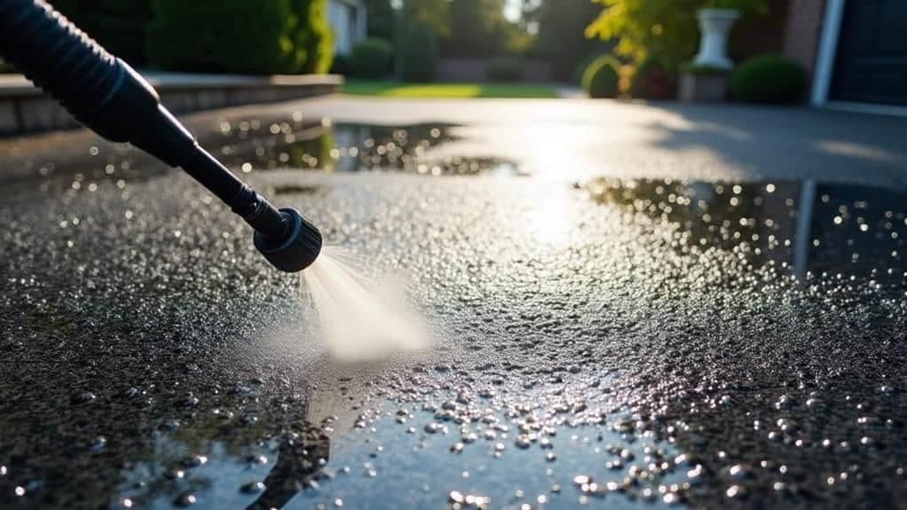 Close-up of a pressure washer jet cleaning wet asphalt in sunlight